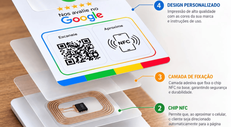 Vista explodida detalhando as 5 camadas da placa de avaliação Google: base em PVC, chip NFC interno, camada de fixação adesiva, arte impressa com QR code e película protetora de acabamento.