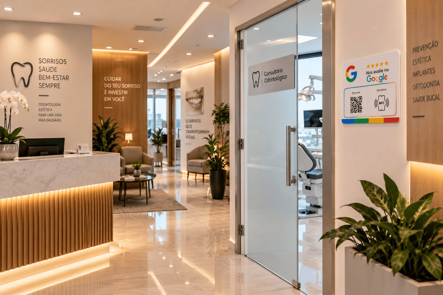 Placa inteligente de avaliação Google com tecnologia NFC e QR code fixada na porta de vidro de um consultório em uma clínica odontológica moderna e iluminada.