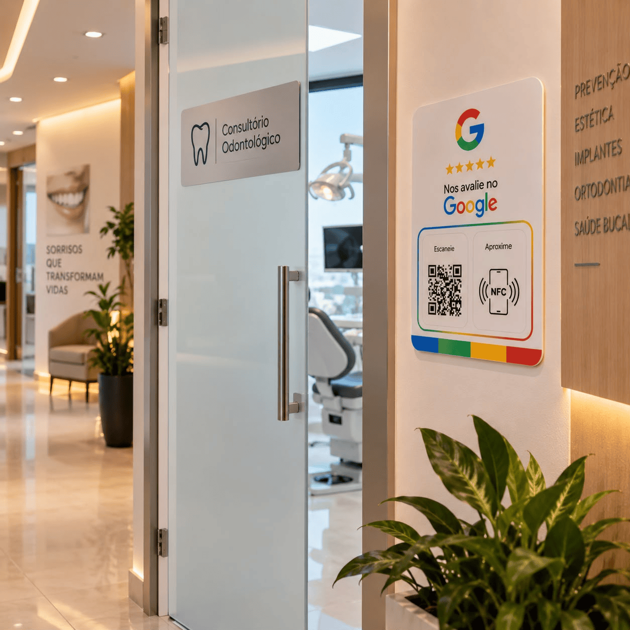 Detalhe da placa interativa de avaliação Google com QR Code e tecnologia NFC afixada ao lado da entrada envidraçada de um consultório odontológico.
