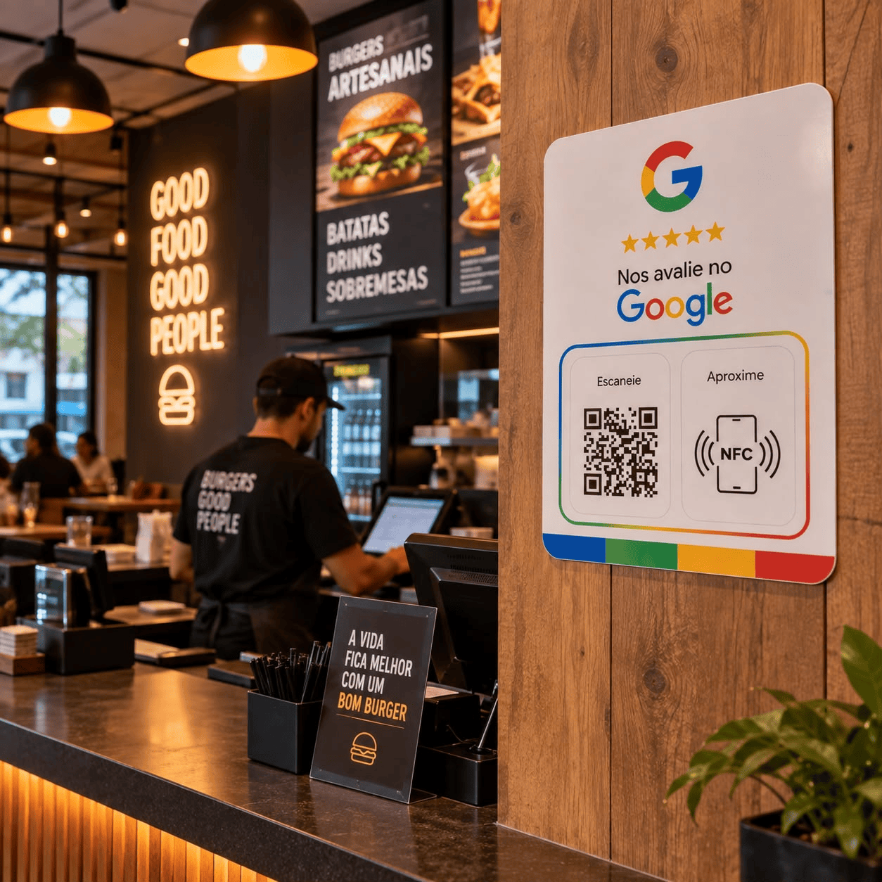 Placa de avaliação Google com aproximação NFC e QR code posicionada ao lado do caixa no balcão de atendimento de uma hamburgueria artesanal.