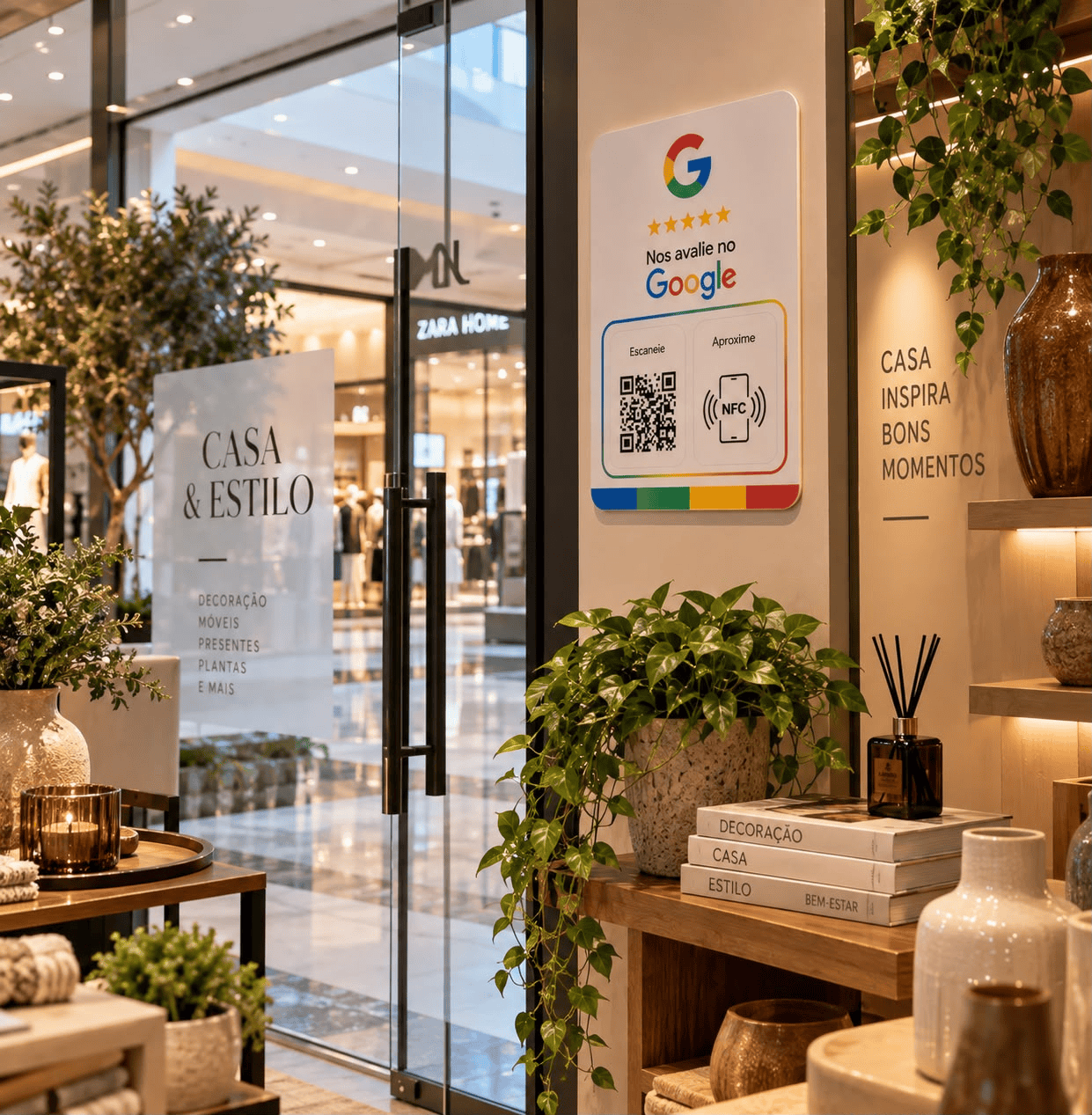 Placa de avaliação Google com NFC e QR Code aplicada na vitrine de vidro da entrada de uma loja de decoração de interiores e artigos para o lar.