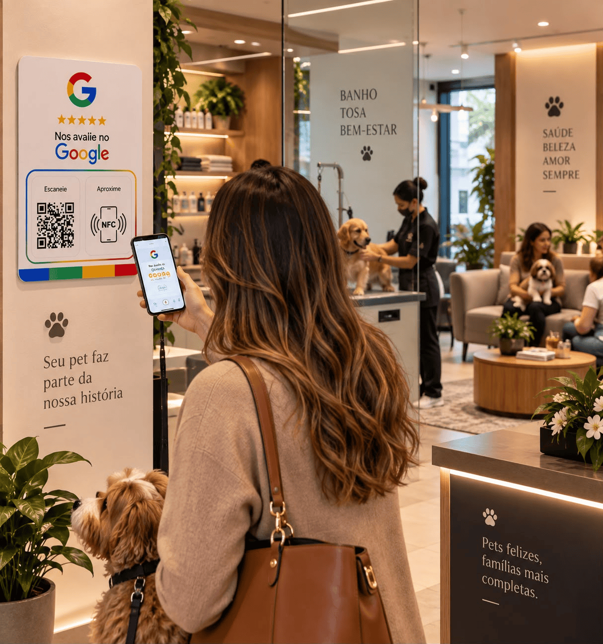 Mulher segurando cachorro e aproximando celular da placa de avaliação Google NFC na parede da recepção de uma clínica veterinária e pet shop.
