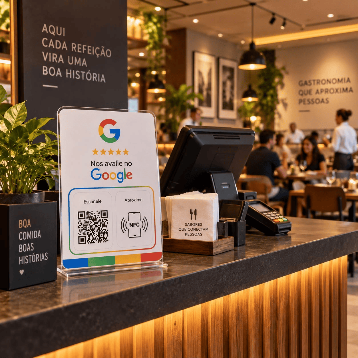 Display em acrílico com placa de avaliação Google via NFC e QR code posicionado sobre o balcão de caixa de um restaurante sofisticado.