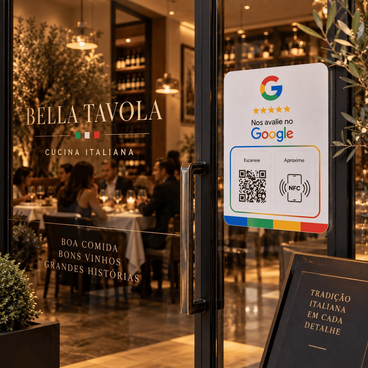 Placa de avaliação Google com QR code e tecnologia NFC fixada na porta de vidro da entrada do restaurante italiano Bella Tavola.