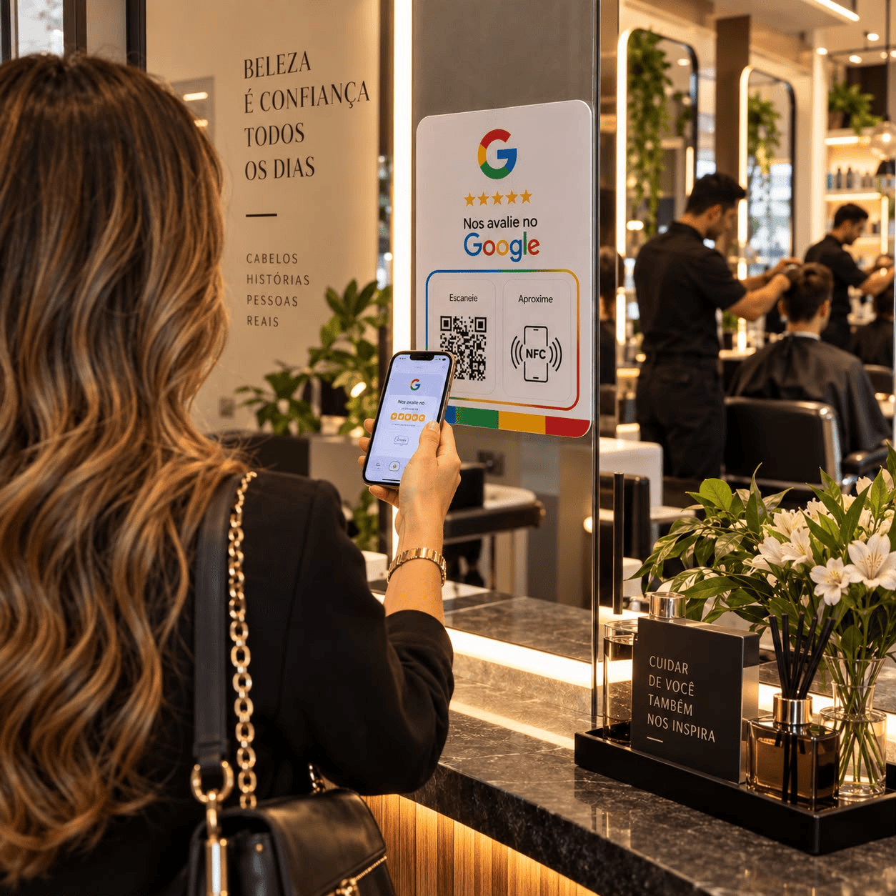 Mulher utilizando smartphone para avaliar salão de beleza por aproximação NFC na placa do Google fixada na divisória de vidro da bancada.